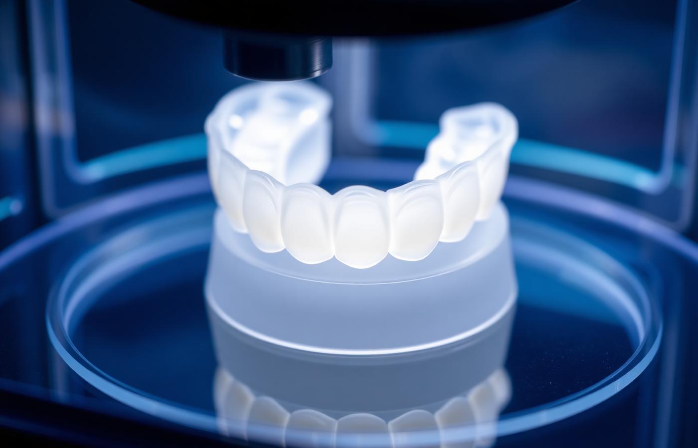 Alineador dental transparente recién impreso en una impresora 3D de resina